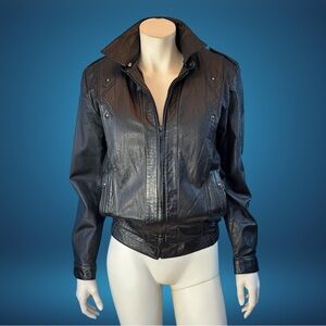 80s Studded Black LEATHER Biker Motorcycle Jacket w Fur Insulation S M